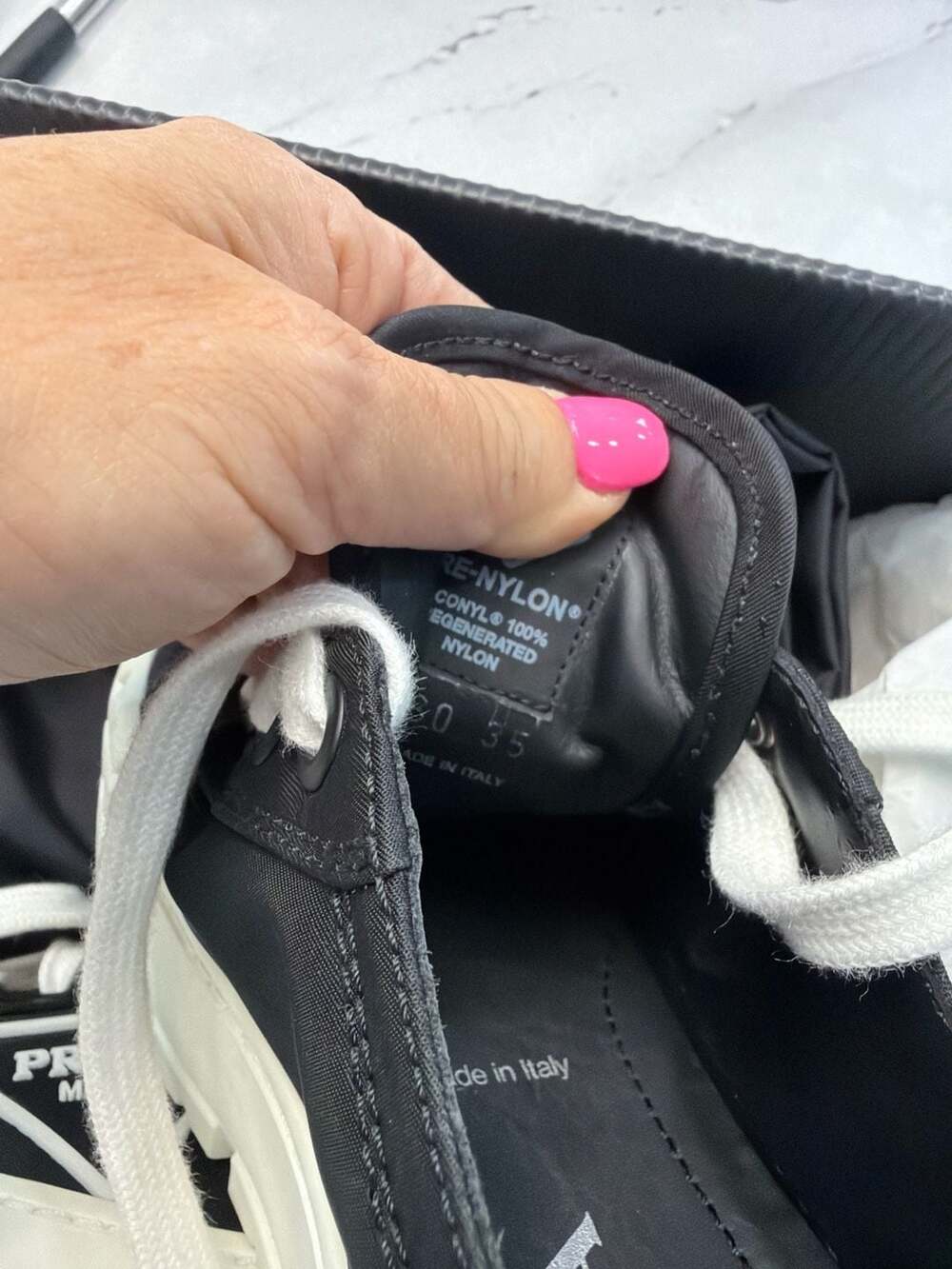 Prada Double Wheel Nylon Gabardine Low-Top Sneakers Black White - Picture 13 of 14